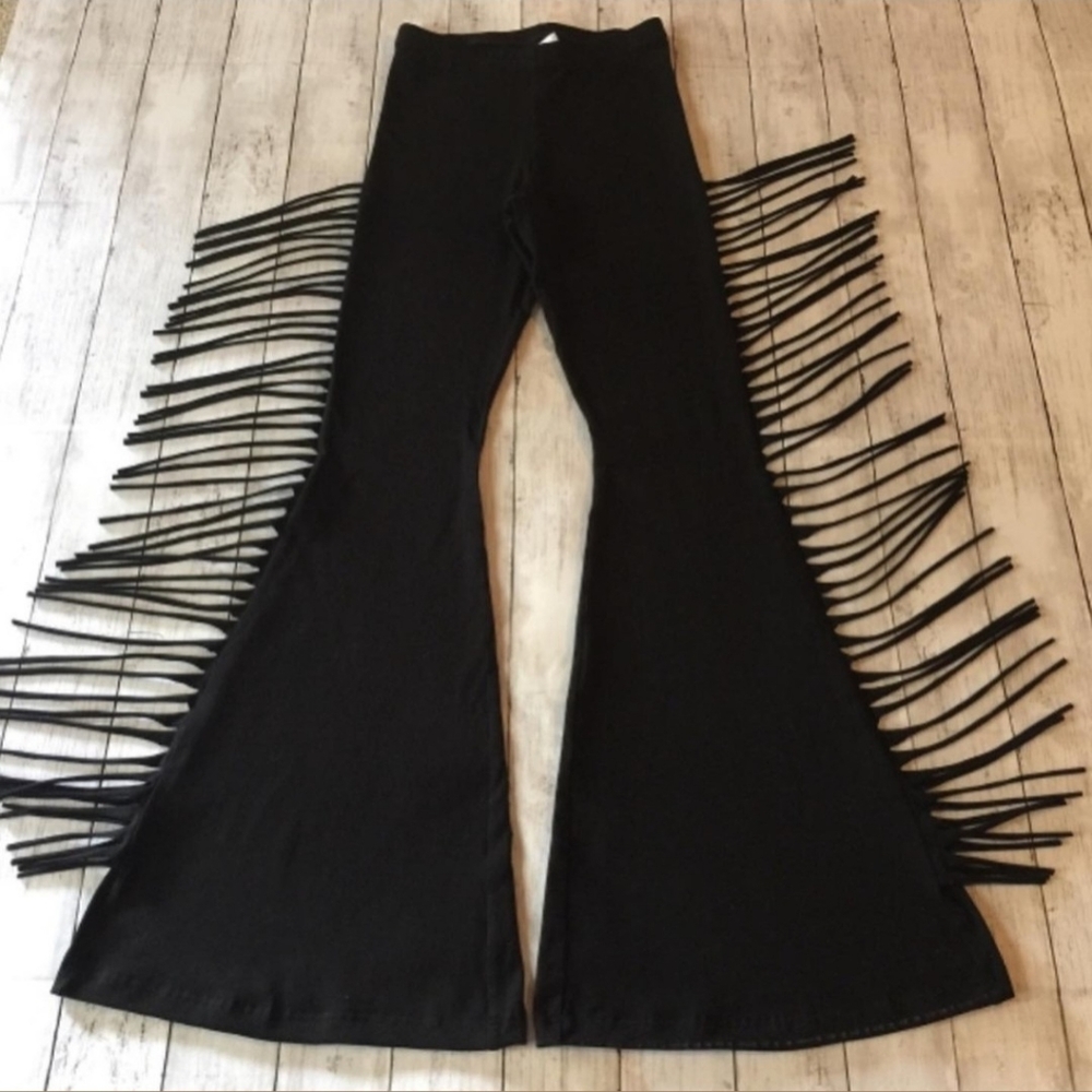 SHORT LENGTH High Waisted Fringe Bell Bottoms in BLACK SOLID - Sizes XS S M L XL - Picture 10 of 10